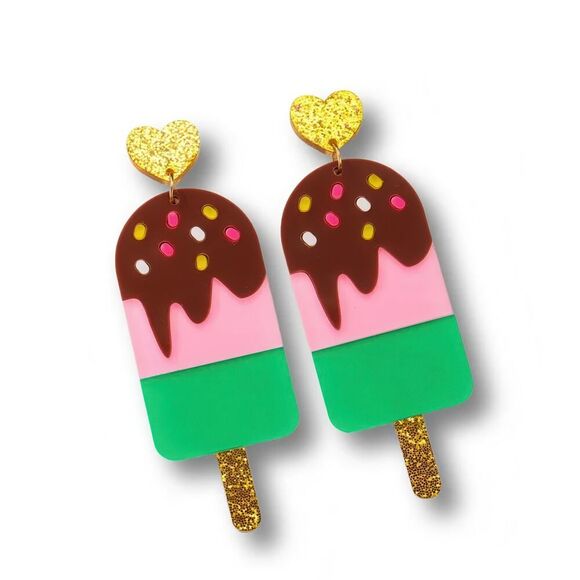 Pink &‎ Green Ice Cream Stick Earrings Gold Accents - Picture 4 of 6